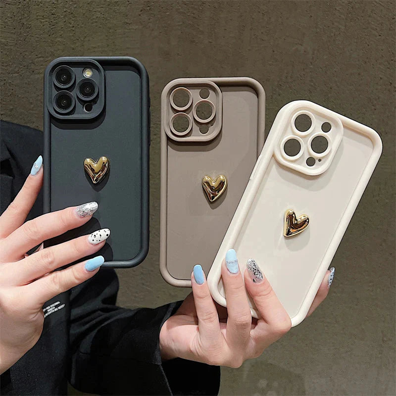 3D Gold Heart Silicone Soft Phone Case For iPhone 15 14 13 12 11 16 17 Pro Max XS XR 7 8 Plus SE Shockproof Candy Matte Cover (Copia)