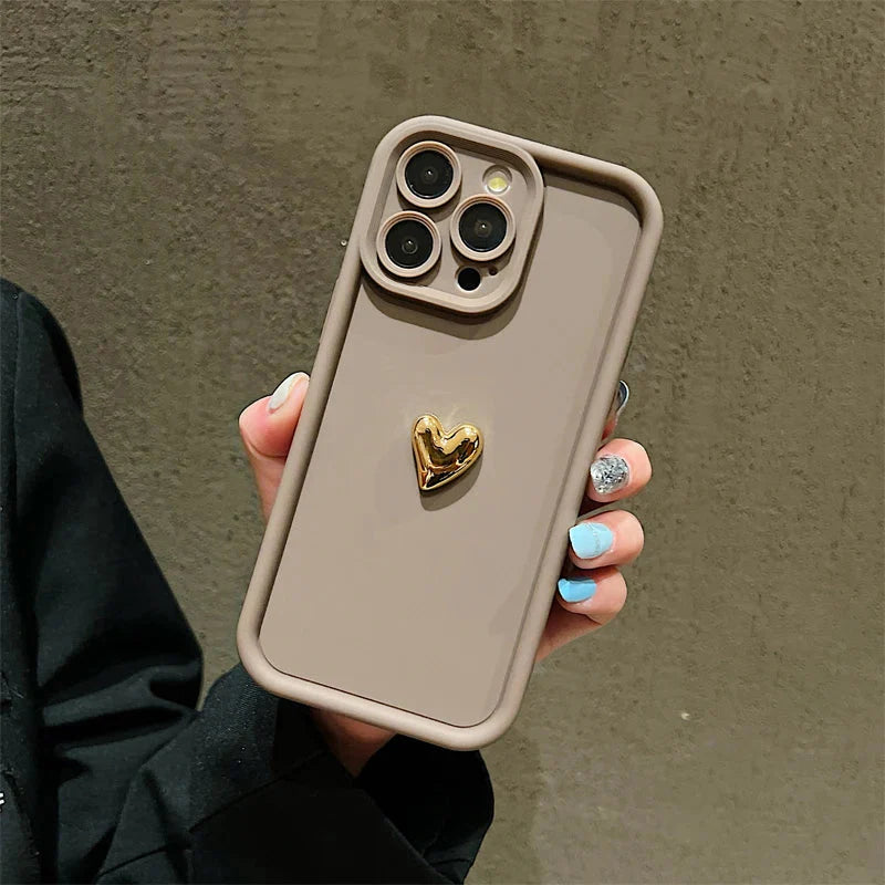 3D Gold Heart Silicone Soft Phone Case For iPhone 15 14 13 12 11 16 17 Pro Max XS XR 7 8 Plus SE Shockproof Candy Matte Cover (Copia)