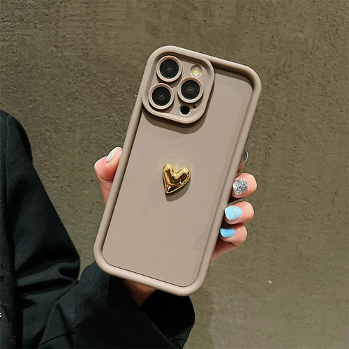 3D Gold Heart Silicone Soft Phone Case For iPhone 15 14 13 12 11 16 17 Pro Max XS XR 7 8 Plus SE Shockproof Candy Matte Cover (Copia)