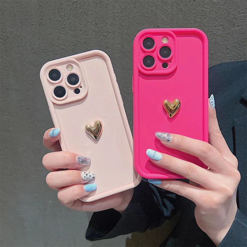3D Gold Heart Silicone Soft Phone Case For iPhone 15 14 13 12 11 16 17 Pro Max XS XR 7 8 Plus SE Shockproof Candy Matte Cover (Copia)