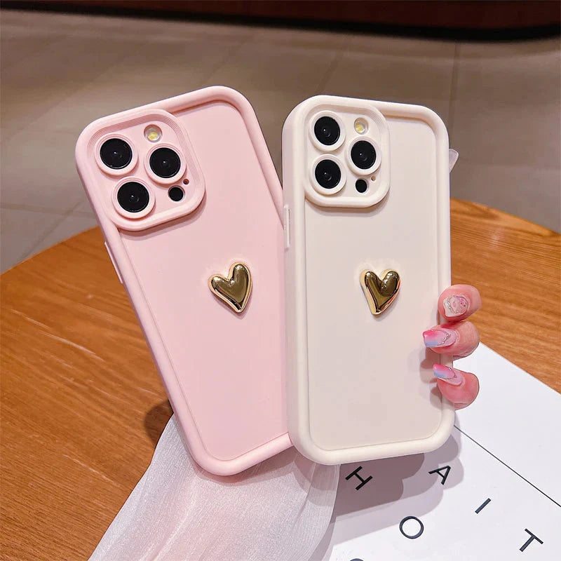 3D Gold Heart Silicone Soft Phone Case For iPhone 15 14 13 12 11 16 17 Pro Max XS XR 7 8 Plus SE Shockproof Candy Matte Cover (Copia)