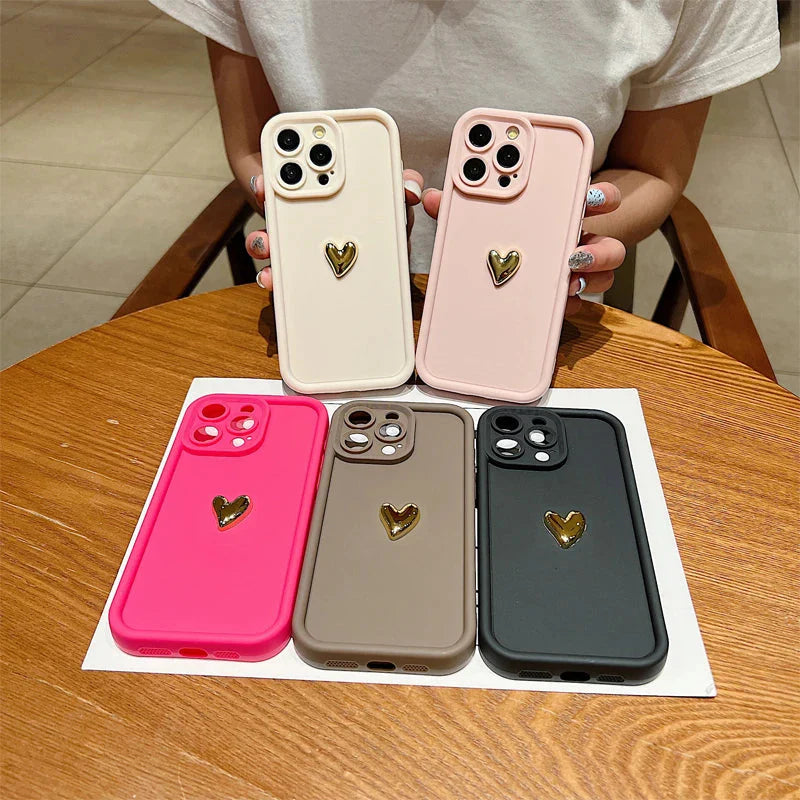 3D Gold Heart Silicone Soft Phone Case For iPhone 15 14 13 12 11 16 17 Pro Max XS XR 7 8 Plus SE Shockproof Candy Matte Cover (Copia)