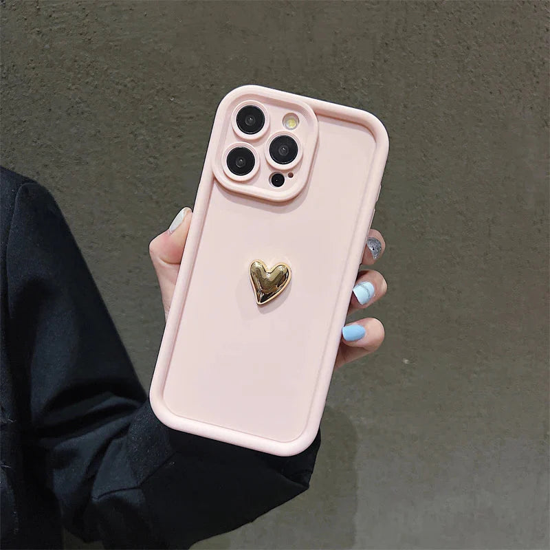 3D Gold Heart Silicone Soft Phone Case For iPhone 15 14 13 12 11 16 17 Pro Max XS XR 7 8 Plus SE Shockproof Candy Matte Cover (Copia)