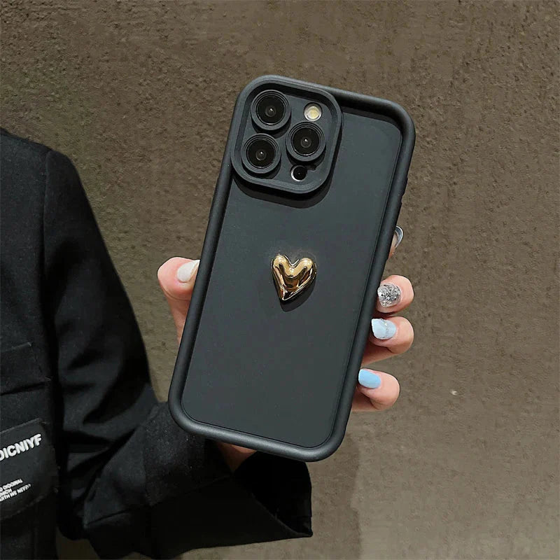 3D Gold Heart Silicone Soft Phone Case For iPhone 15 14 13 12 11 16 17 Pro Max XS XR 7 8 Plus SE Shockproof Candy Matte Cover (Copia)