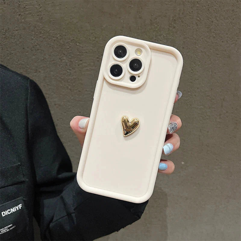3D Gold Heart Silicone Soft Phone Case For iPhone 15 14 13 12 11 16 17 Pro Max XS XR 7 8 Plus SE Shockproof Candy Matte Cover (Copia)