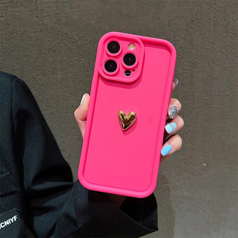 3D Gold Heart Silicone Soft Phone Case For iPhone 15 14 13 12 11 16 17 Pro Max XS XR 7 8 Plus SE Shockproof Candy Matte Cover (Copia)